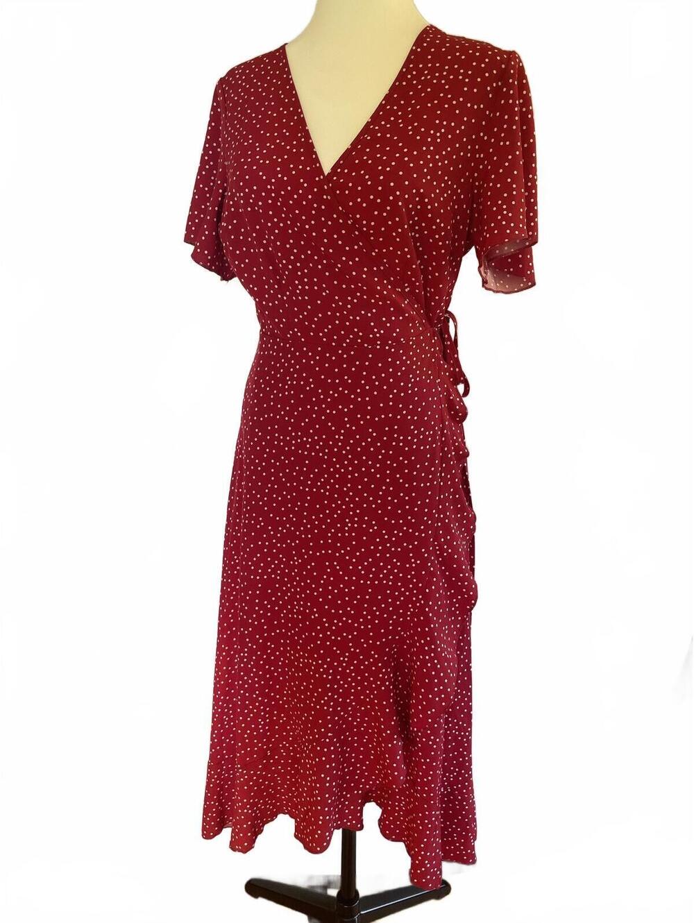 Rihoas Red Wrap Midi Dress White Dot Size Medium